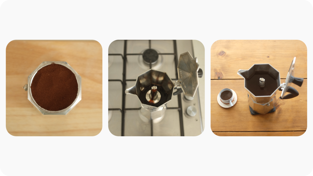 Three images: coffee grounds, a moka pot starting to boil, and a moka pot and espresso cup filled with coffee