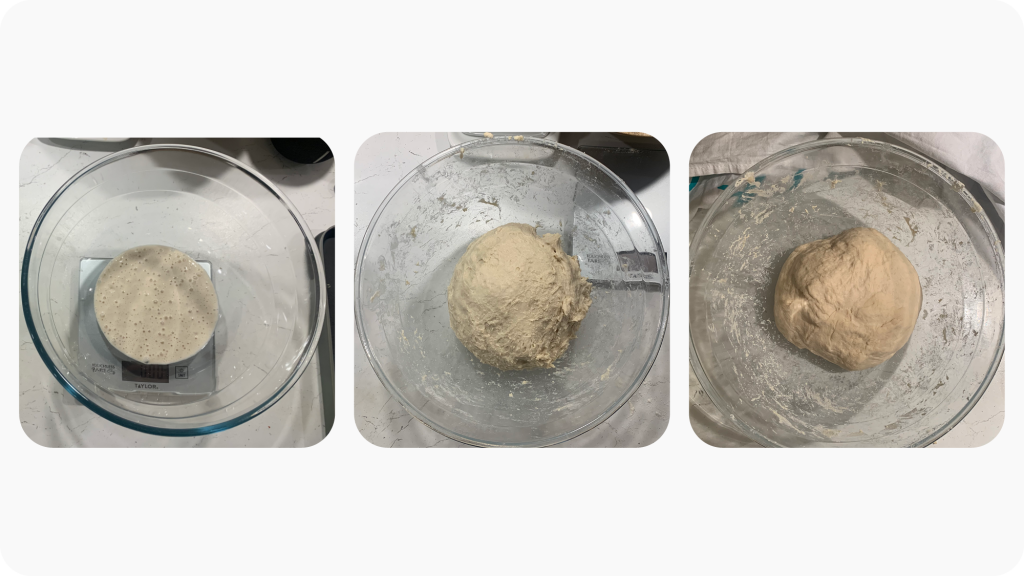 3 images of the stages of making the dough: starter in the bowl to be combined with other ingredients, a rough wet dough in a mixing bowl, and a smoother dough after 4 rounds of stretching.