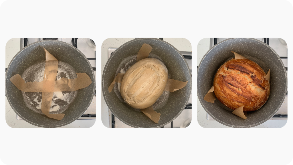 3 images depicting the stages of baking: the pan with rice flour and a cross made of baking paper, dough in the pan ready to be baked, and the finished loaf in the pan.