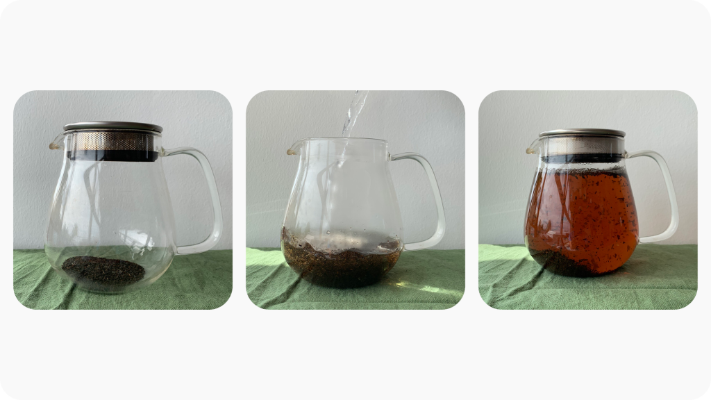 Three images of a glass teapot, the first with loose tea leaves in it, the second with water being poured in, and the third with the tea brewing in the water