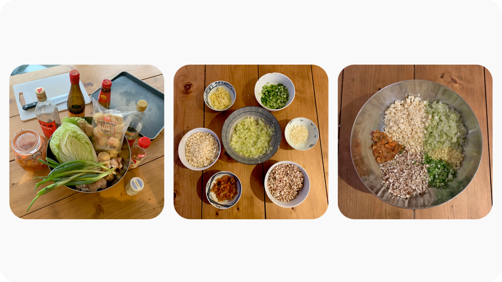 Three images showing ingredients being chopped. First with vegetables in a bowl surrounded by various sauces, second with all the ingredients finely chopped in different bowls, and third with all the chopped ingredients together in a mixing bowl.