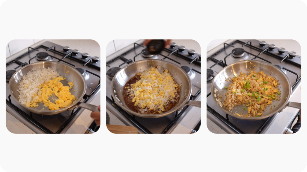 Three images of egg fried rice being prepared, starting with the eggs and rice being fried separately before the sauce is added and mixed in.