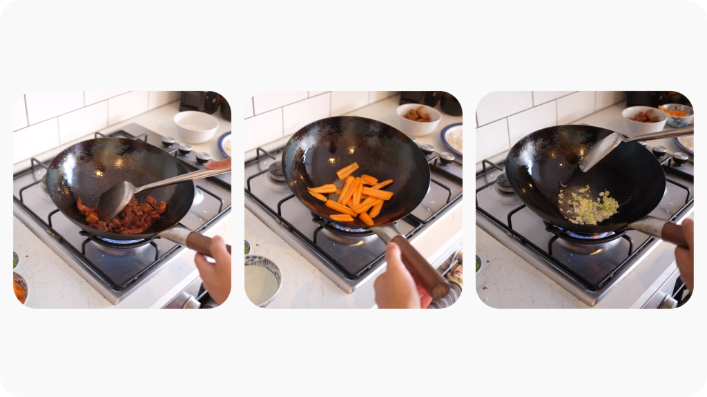 Three images of different ingredients being fried separately in a wok: pork, carrots and spring onion whites