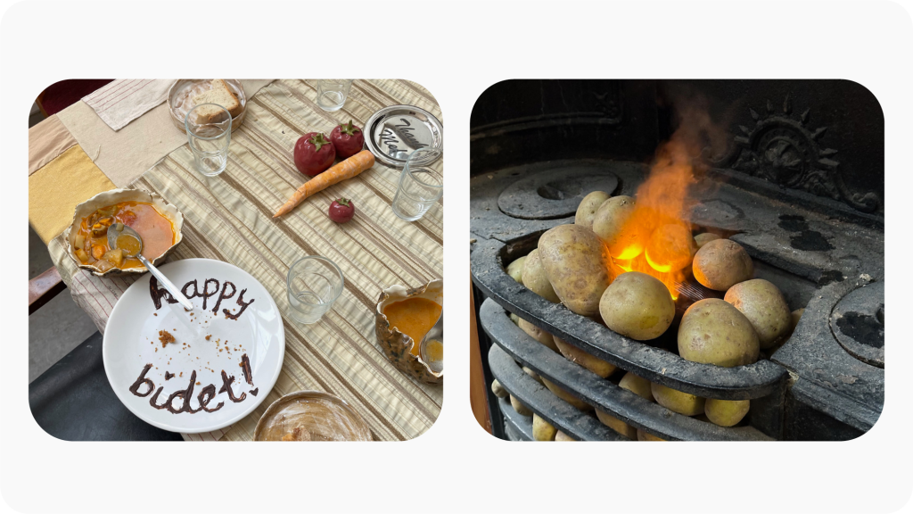 Side-by-side images, one of an empty plate with "Happy bidet!" written on it in chocolate, and the other of a fireplace full of potatoes instead of coals.