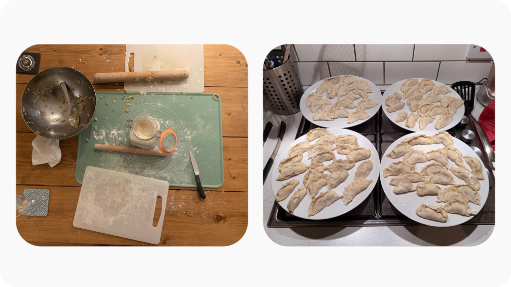 Two images. On the left a rolling mat and chopping board with flour everywhere and an empty mixing bowl. On the right 4 plates of freshly rolled dumplings.