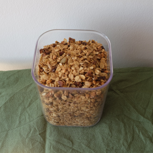 An image of a container filled with granola.