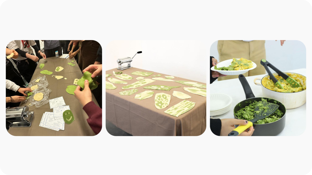 Three images of pasta being made and then served.