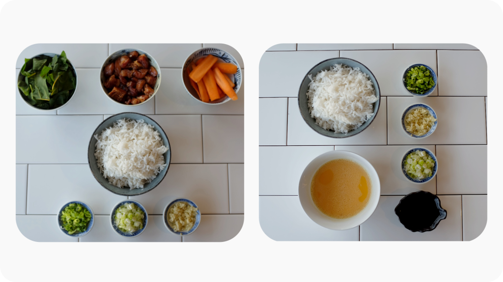 Side-by side images of the ingredients for two different fried rice dishes: pork fried rice and egg fried rice