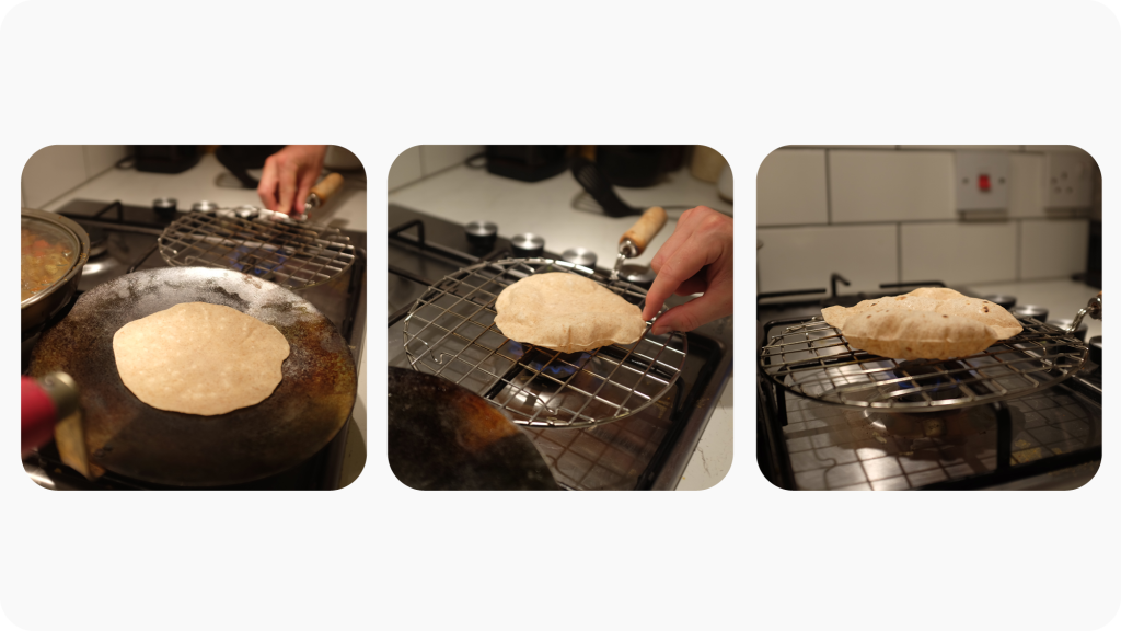 3 images of a chapati being cooked on a tawa and over a naked flame.