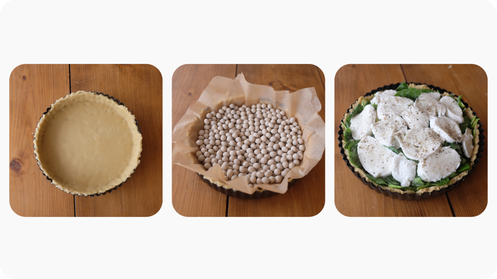 Three images: the first of a tart tin with pastry in it, then an image where baking beads are sitting inside the pastry on greaseproof paper, and then a final image where all the ingredients are in the tart ready to be baked.