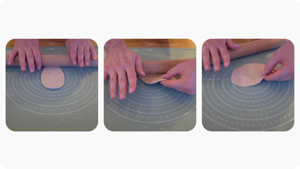 3 images of dough being rolled flat with a rolling pin.