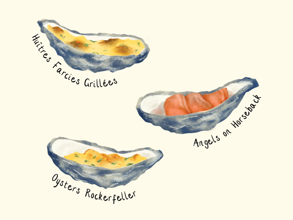 Illustrations of three gilled oyster dishes: Huîtres Farcies Grillées, Angels on Horseback, and Oysters Rockerfeller