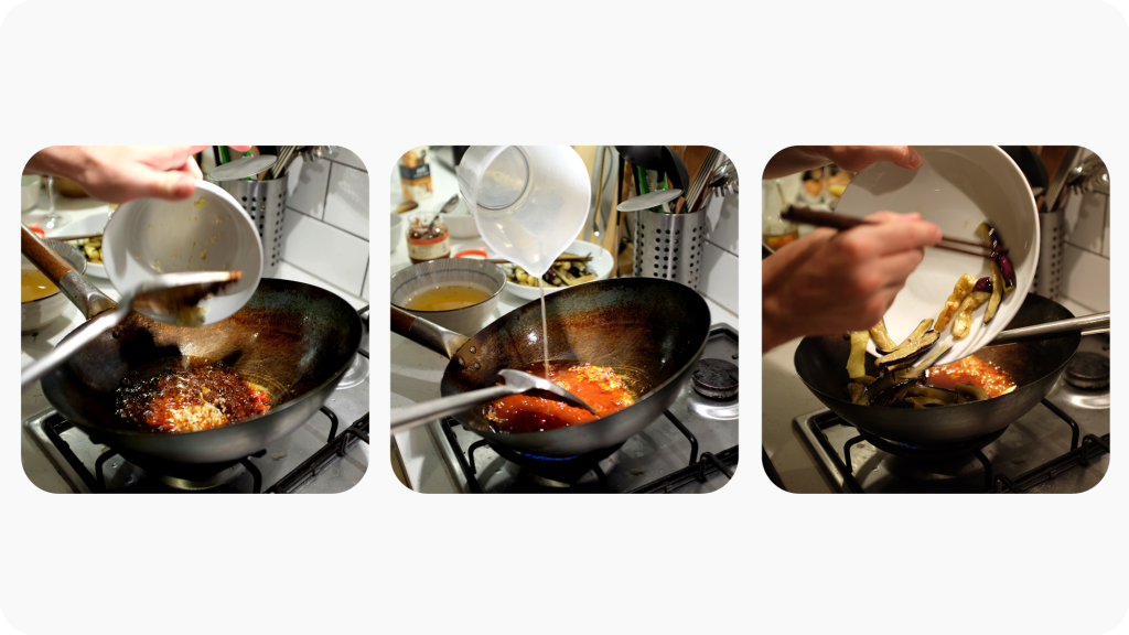 Three images of the sauce for fish fragrant aubergines being made in a wok.