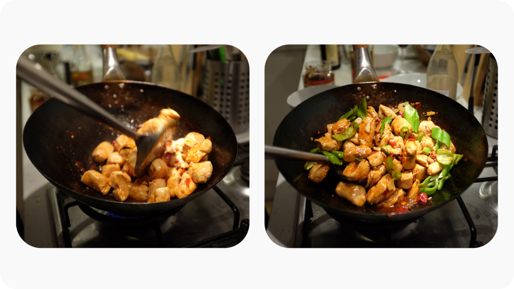 Dry-fried chicken being made in a wok.