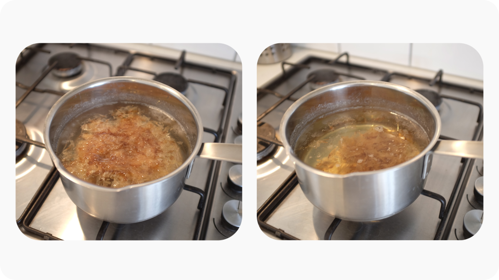 Katsuobushi flakes soaking in a pan of dashi.