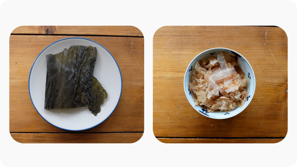 Kombu seaweed and katsuobushi flakes ready to be made into dashi.