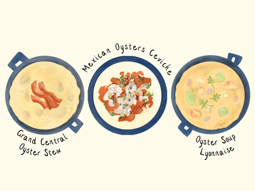 Illustrations of three oyster-based stews and soups: Grand Central Oyster Stew, Mexican Oysters Cerviche, and Oyster Soup Lyonnaise.