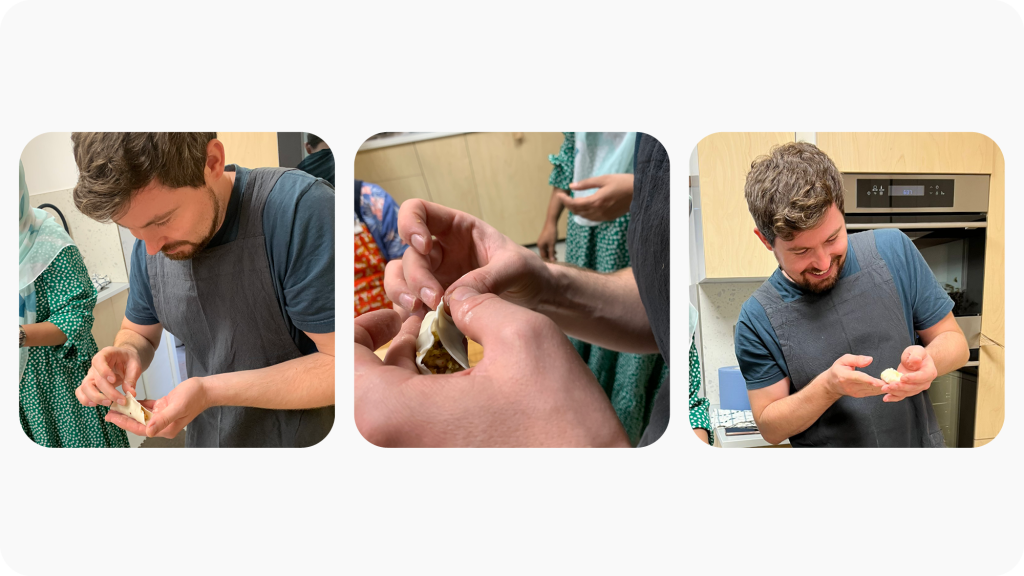 Three images of me making dumplings