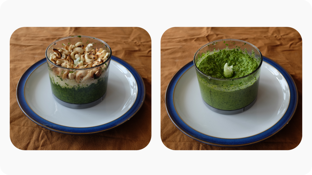 Green pesto before and after blending