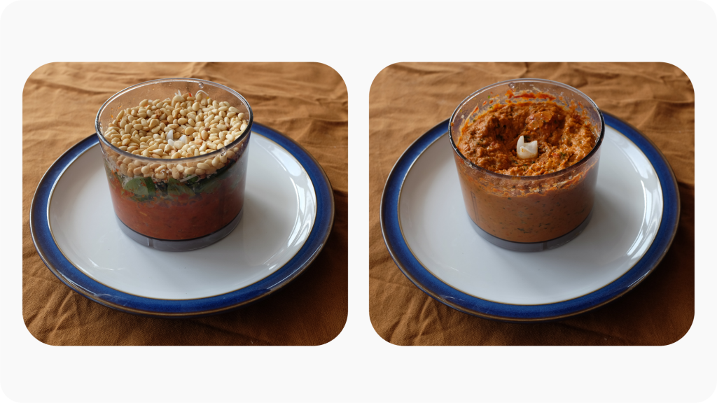 Red pesto before and after blending