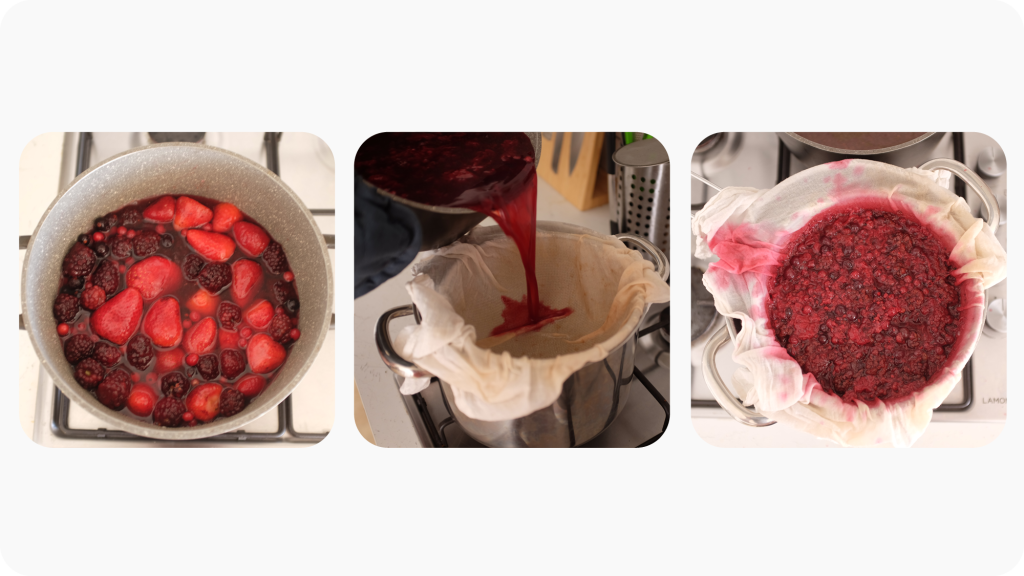 Three stages of fruit being boiled and strained to make squash.