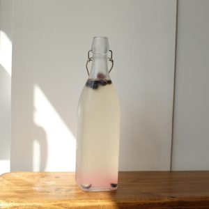 Water kefir in a bottle with blueberries.