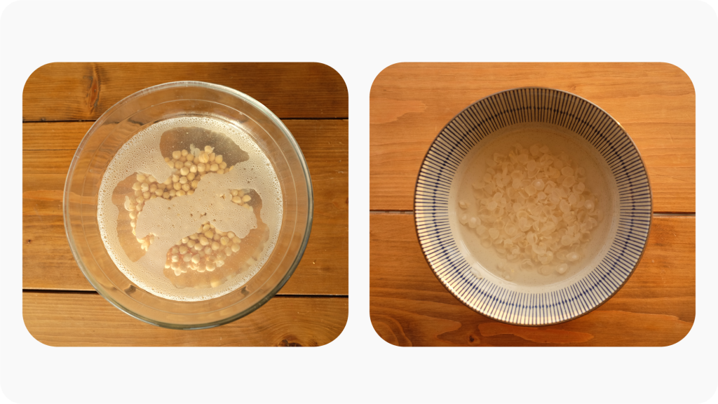 Chickpeas soaking in a bowl next to a bowl of their removed shells.