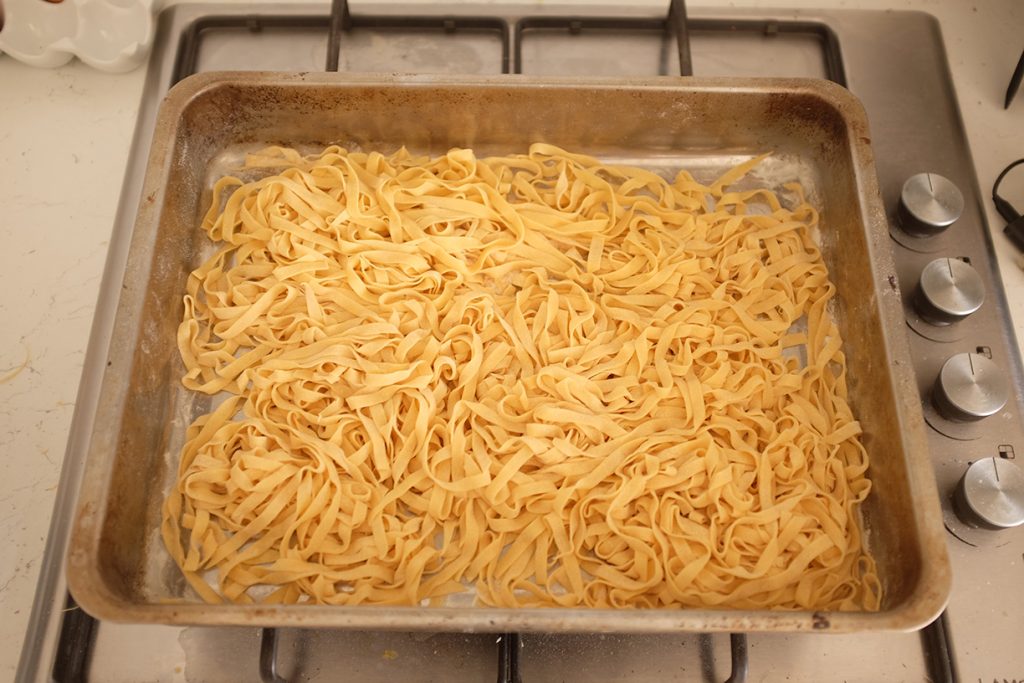 A pan full of tagliatelle.