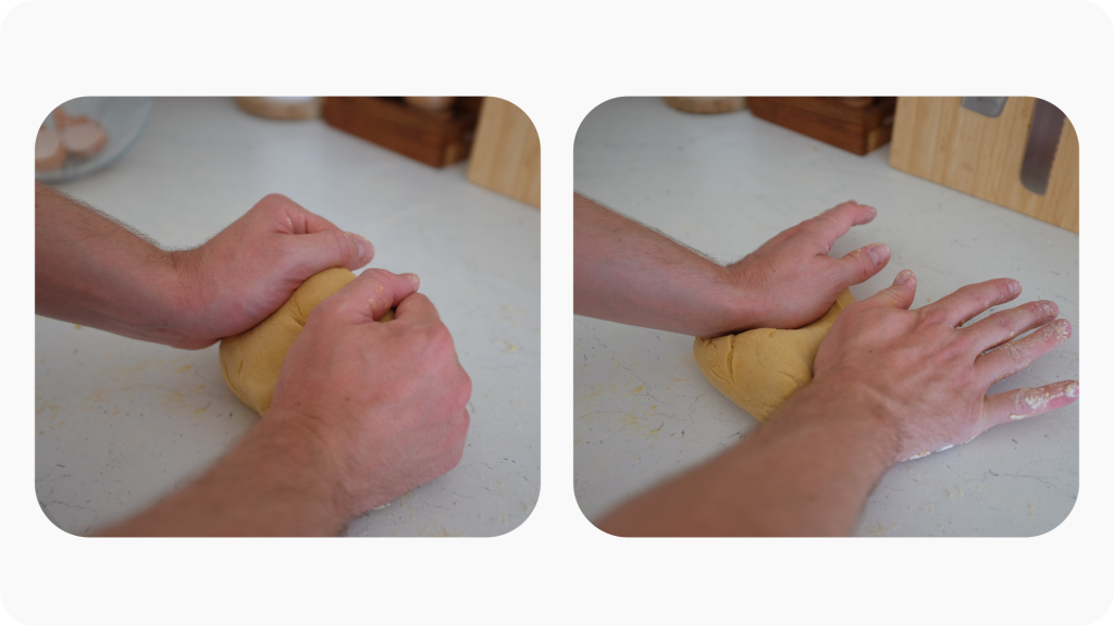 Two images of pasta dough being kneaded on a kitchen surface.