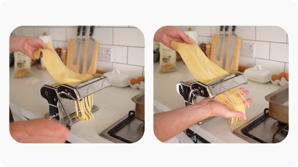 Pasta sheet being cut into tagliatelle with a pasta machine.