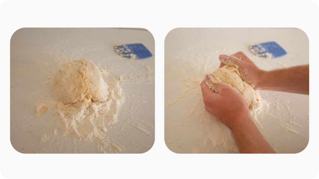 Pasta dough being kneaded to incorporate all the flour.